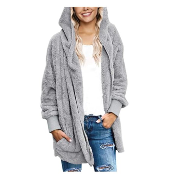 Women Casual Fuzzy Fleece Faux Fur Hooded Cardigan - Picture 4 of 5